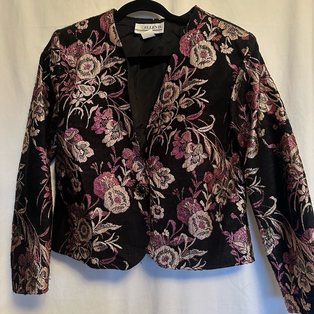 Ellen D 80’s Vtg Jacket Floral Metallic Black Multi Collarless V-Neck L Fits Med